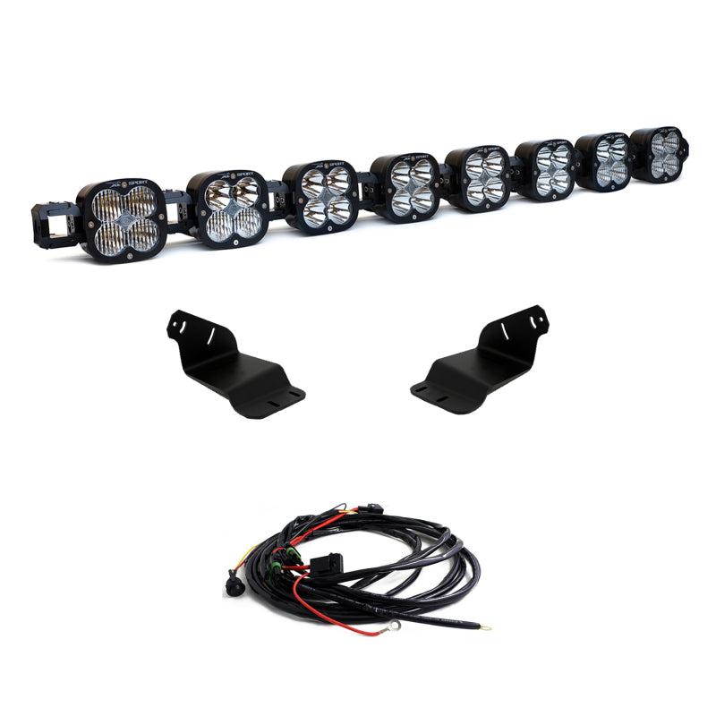 The Baja Designs 2021+ Ford Bronco Roof Light Bar Kit 8 XL Linkable includes eight ruggedly designed mounted LED off-road lights with multiple bulbs in each housing, two mounting brackets, and a wiring harness complete with connectors and switches. This kit by Baja Designs is perfect for enhancing your Ford Bronco's off-road adventures.