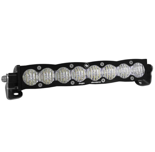 The Baja Designs S8 Series Driving Combo Pattern 40in LED Light Bar, in a sleek black design, showcases a row of circular LED lights arranged in a curved pattern and expertly mounted on robust brackets.