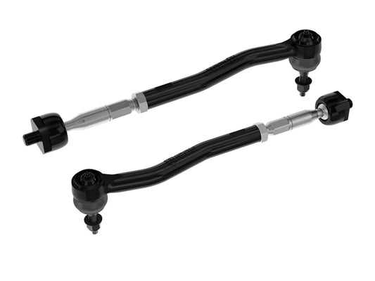 Two black tie rods from the ICON 2021+ Ford Bronco Tie Rod Kit, positioned parallel to each other against a plain white background. The upper rod has a slight curve, while the lower is straighter. Ideal for an off-road steering upgrade, they ensure superior handling and durability.