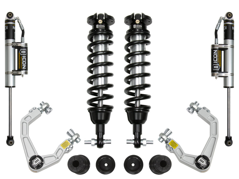 Image of the ICON 2019+ Ford Ranger 0-3.5in Stage 3 Suspension System w/Billet UCA arranged symmetrically against a white background. Items include two coilover shock absorbers, two additional shock absorbers, two control arms with Delta Joint ball joints, two bump stop spacers, and two smaller cylindrical components.