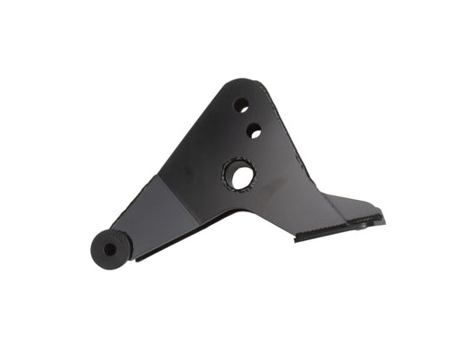 Image of the ICON 00-04 Ford F-250/F-350 Track Bar Bracket by ICON, a black, angular metal bracket with a triangular shape. It features a central circular hole and two smaller holes near the top edge, strategically positioned for optimal steering geometry. Additionally, there's a cylindrical extension on one side and multiple mounting points for secure attachment.
