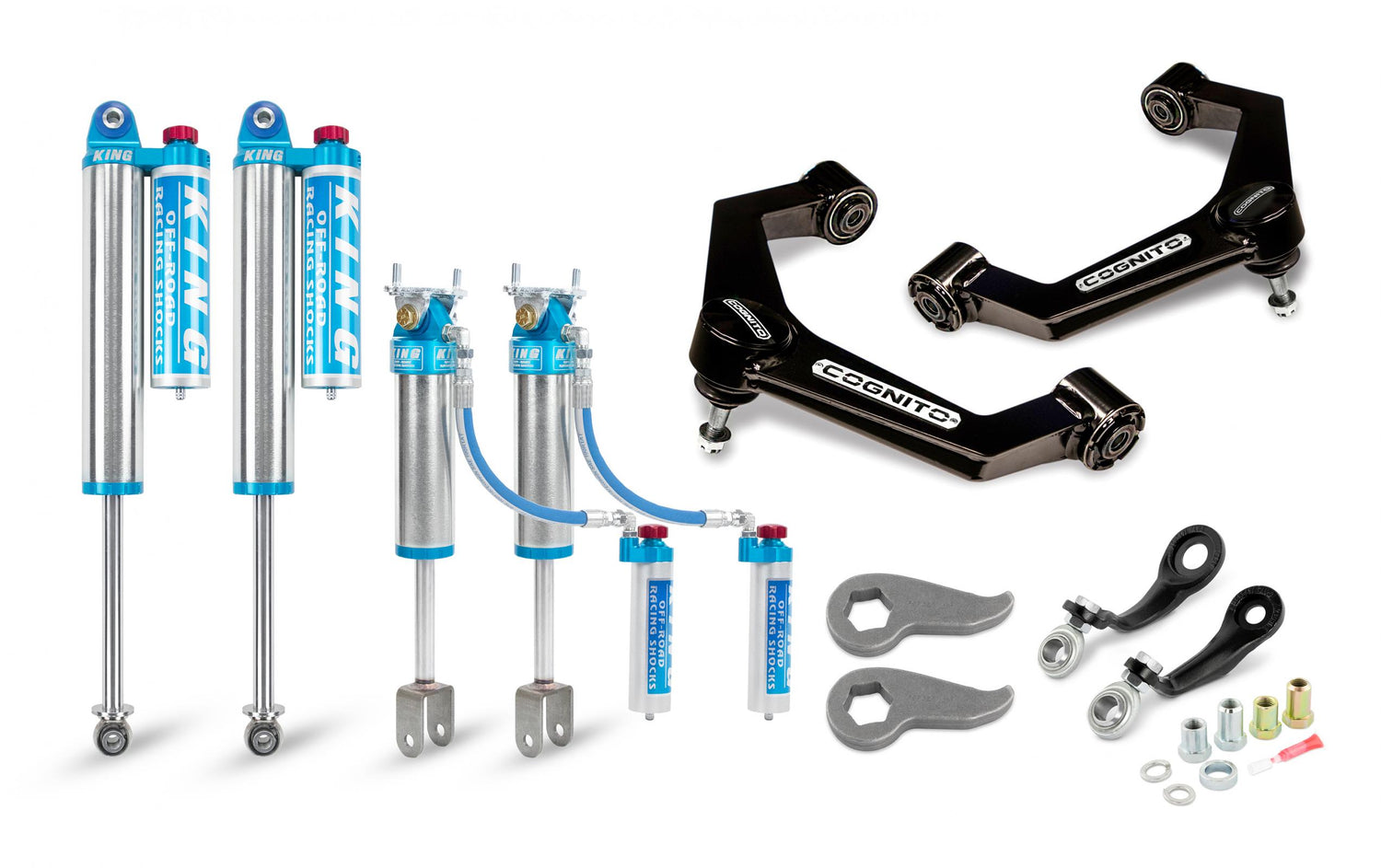 Introducing the Cognito Motorsports 3-Inch Elite Leveling Kit with King 2.5 Reservoir Shocks for 2020-2024 Silverado/Sierra 2500/3500, both 2WD and 4WD models. This set includes premium off-road suspension parts such as King Shocks, Cognito Upper Control Arms, torsion bar keys, and all necessary hardware. Designed to enhance durability and performance, this kit is perfect for anyone looking to upgrade their Silverado's leveling capabilities.