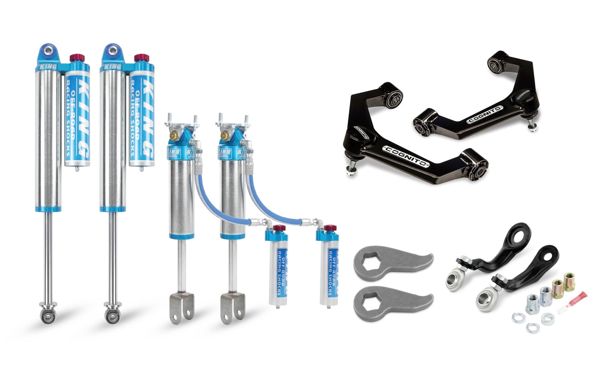 The Cognito Motorsports 3-Inch Elite Leveling Kit with King 2.5 Reservoir Shocks for 11-19 Silverado Sierra 2500/3500 2WD/4WD includes a set of premium automotive suspension components, such as blue King shock absorbers, Cognito upper control arms, and a variety of metal hardware pieces including adjustable spanners and mounting brackets—perfectly designed for your Silverado/Sierra leveling needs.