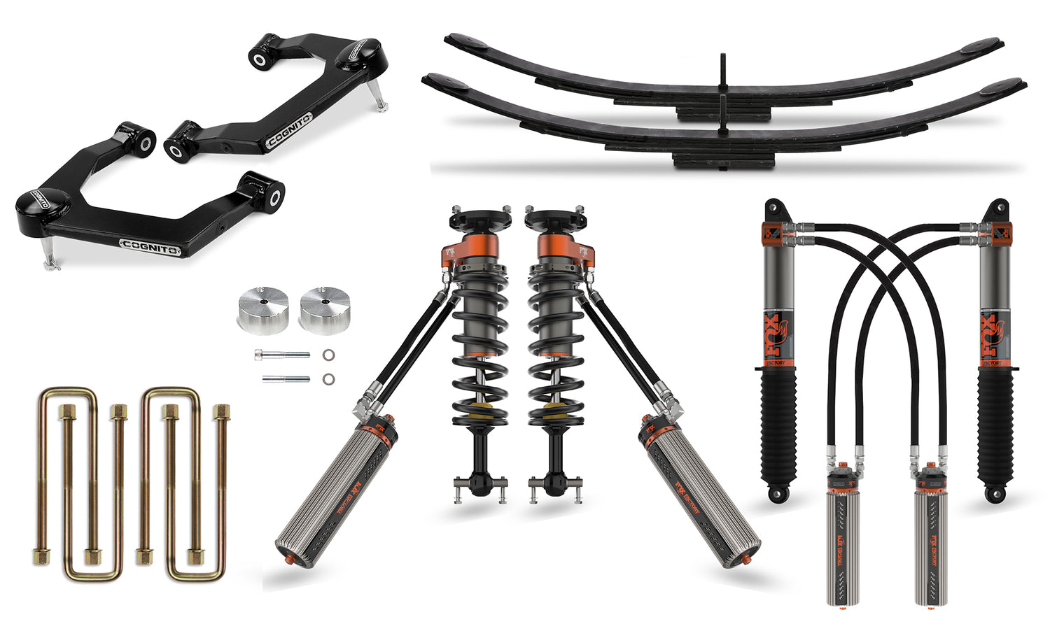 Image of various car suspension system components, including the Cognito Motorsports 3 Inch Ultimate Leveling Kit featuring Fox Factory Race Series 3.0 IBP shocks for 2019-2024 Silverado and Sierra 1500 (2WD/4WD) including AT4 and Trail Boss models. The components, such as upper control arms, leaf springs, U-bolts, and spacers are all new and neatly arranged on a white background. The parts vary in design and purpose.