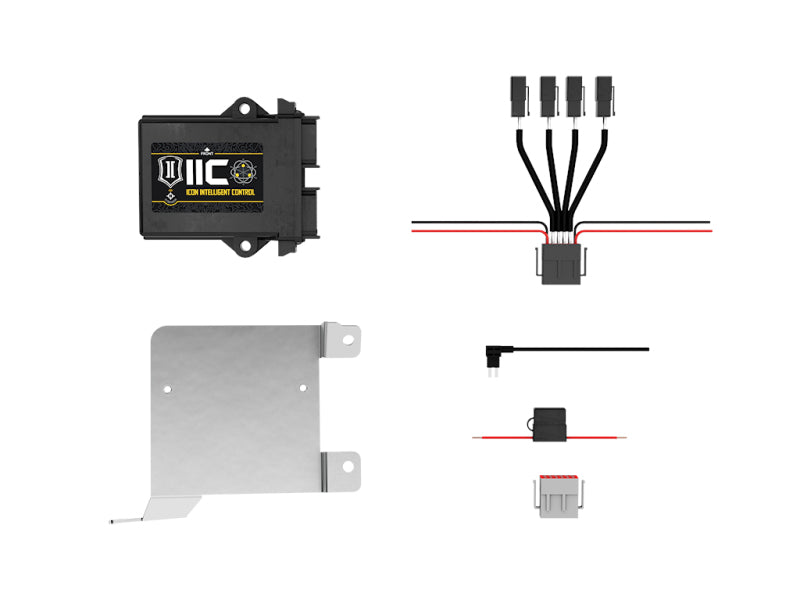 Image showing components of the ICON 21-UP Ford Bronco Intelligent Control (IIC) INSTALL KIT. The kit includes a black control module with Bluetooth connection, wiring harnesses with connectors, a metal mounting bracket, and multiple wiring connectors. The parts are displayed against a white background.