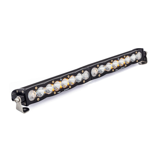 The Baja Designs S8 Series Straight Driving Combo Pattern 20in LED Light Bar showcases a sleek design with a durable black metal frame. Equipped with a driving combo pattern and robust mounting brackets at each end, this product is ideal for off-road vehicles or utility applications.