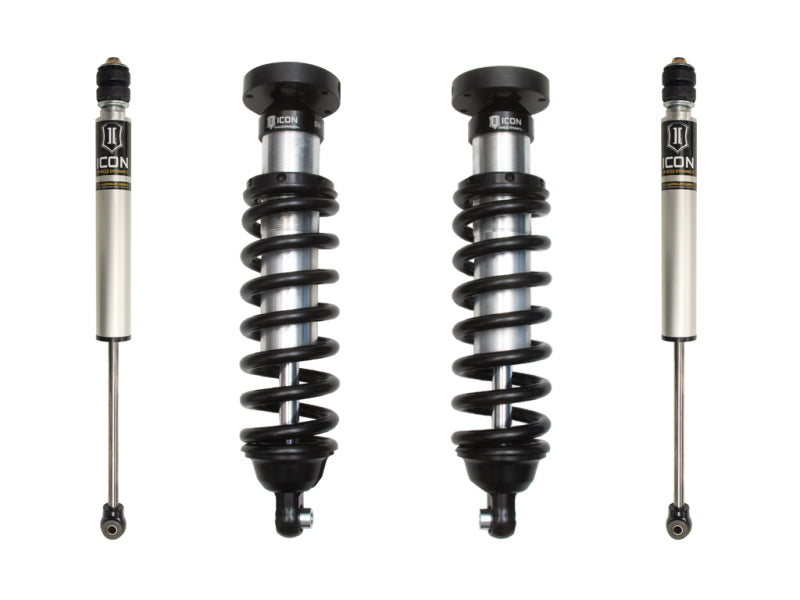 The image features the ICON 00-06 Toyota Tundra 0-2.5in Stage 1 Suspension System from ICON. This set includes two front strut assemblies with coilover shocks and coil springs, along with two rear shock absorbers, all designed to enhance your vehicle's suspension performance.