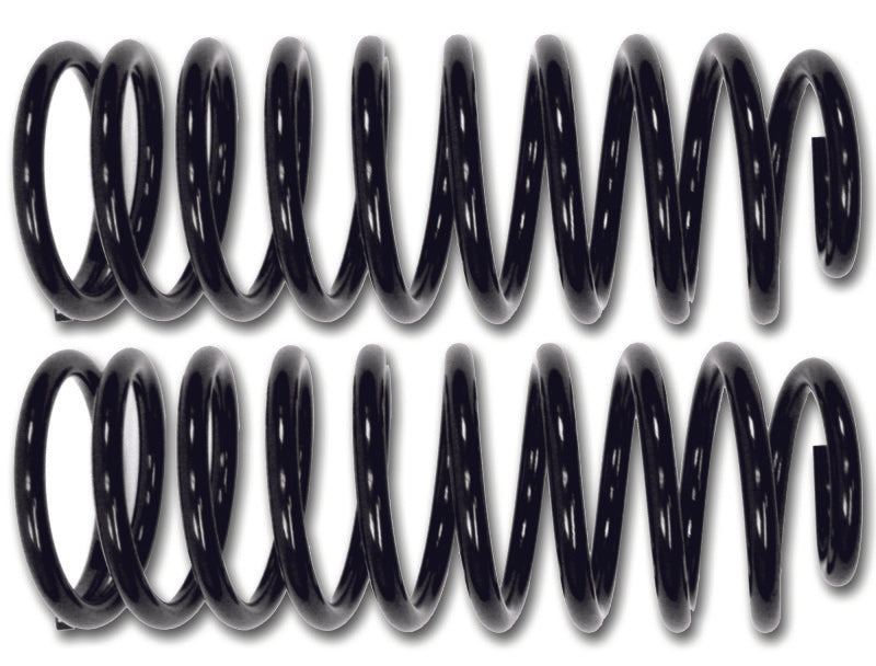 Two identical black metal coil springs from the ICON 2007+ Toyota FJ / 2003+ Toyota 4Runner Rear 2in Spring Kit, positioned parallel to each other, promise enhanced ride quality and a 2-inch lift. The springs have a uniform thickness and the tightly wound coils appear robust and durable. The background is plain white.