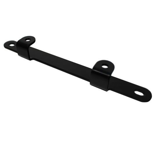 The Baja Designs Jeep JK RTL-M License Plate Mount Kit is a black metal bracket featuring two mounting holes on each end and two central loops.