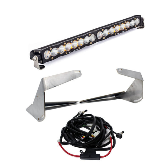 The Baja Designs 2019+ Ram 2500/3500 20 Inch S8 Driving Combo Bumper Kit - Clear includes an LED light bar with multiple round lights, two sturdy metal mounting brackets, and a set of black electrical cables complete with connectors and a switch. The components are arranged separately to showcase each item clearly, making it perfect for your Ram 2500/3500 bumper kit.