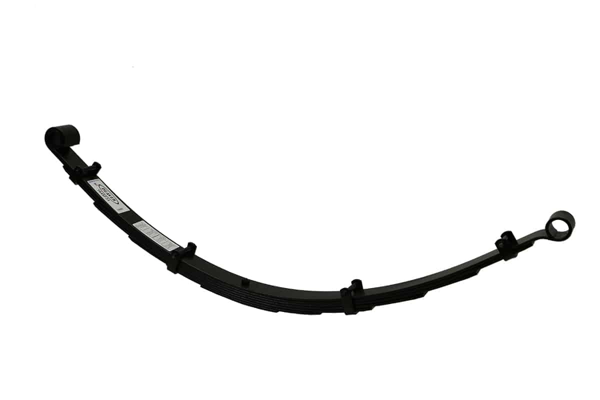 The F150/Raptor 2009-2014 – 2.5 Inch Lift – Rear Spring Eliminates Factory Block (Pair) by Deaver Spring is a black metal leaf spring with a slightly curved shape, aimed at improving off-road performance. It includes several bolted sections and an attached label with text, all set against a plain white background.