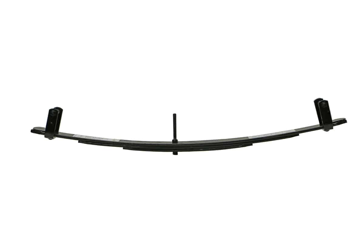 The image showcases the Super Duty F250/F350 2008-2020 2wd/4wd – 2 inch Lift Rear Mini Pack (Pair) by Deaver Spring. This multi-leaf spring suspension component is ideal for shock absorption and load bearing in vehicles, featuring a stack of curved, narrow metal strips with mounting brackets at each end. It is perfect for an OEM pack conversion to enhance performance.