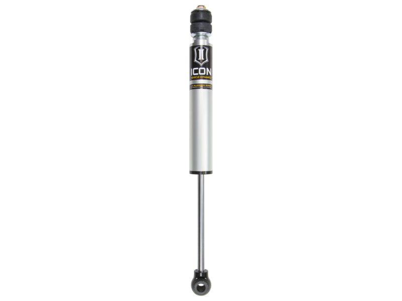 A vertical image of the ICON 96-02 Toyota 4Runner 0-2in Rear 2.0 Series Aluminum Shocks VS NR, showcasing the black and gold "ICON" logo near the top. This ICON shock absorber boasts a slim, cylindrical design with a black mounting point at the bottom and a threaded mounting point at the top, engineered for enhanced on and off-road performance.