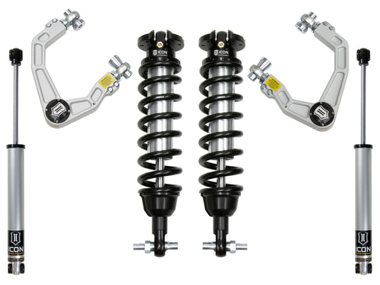 Image depicting the ICON 2019+ Ford Ranger 0-3.5in Stage 2 Suspension System w/Billet UCA, featuring two shock absorbers, two coil springs, and two adjustable upper control arms. The components are symmetrically arranged against a white background with visible ICON branding.