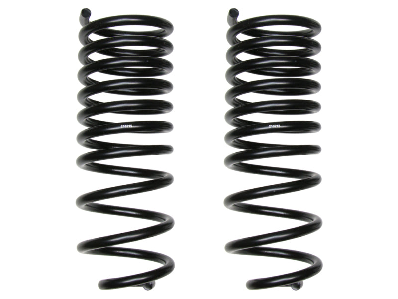 Two black metal coil springs, resembling those found in the ICON 2014+ Ram 2500 .5in Rear Performance Spring Kit, are positioned vertically side by side against a white background. The springs have multiple loops and appear to be identical in size and shape, embodying the essence of performance springs from ICON.